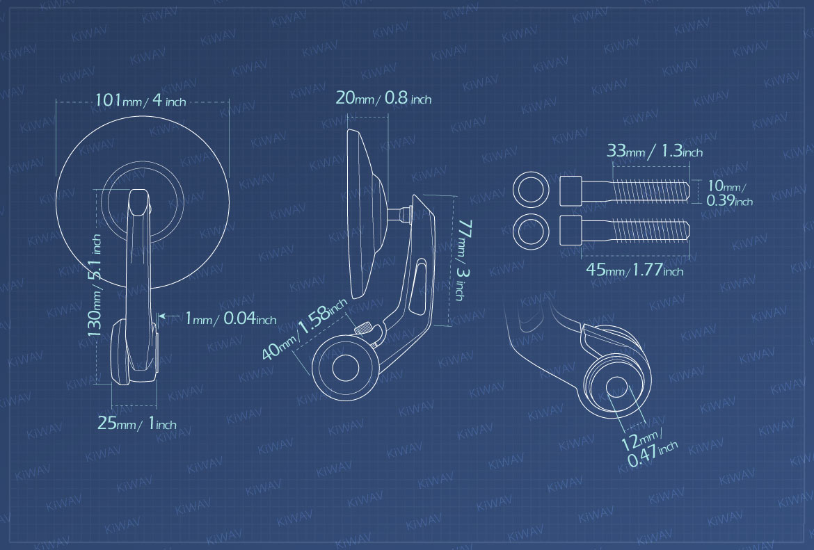 Measurement of KiWAV Bob motorcycle bar end mirrors compatible for BMW M10 threaded handlebar