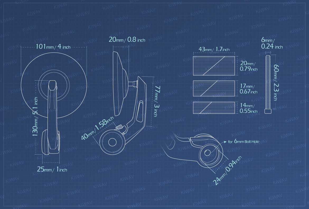 Measurement of KiWAV Bob motorcycle bar end mirrors for 1 inch and 7/8 inch hollow end handlebars
