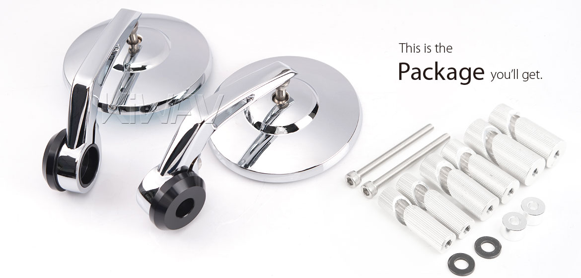KiWAV round bar end mirrors Bob chrome compatible for Specific Indian models