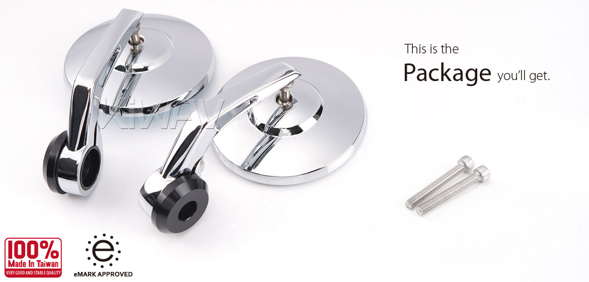 KiWAV motorcycle bar end mirrors Bob chrome universal fit w/ 6mm threaded or hollow bar