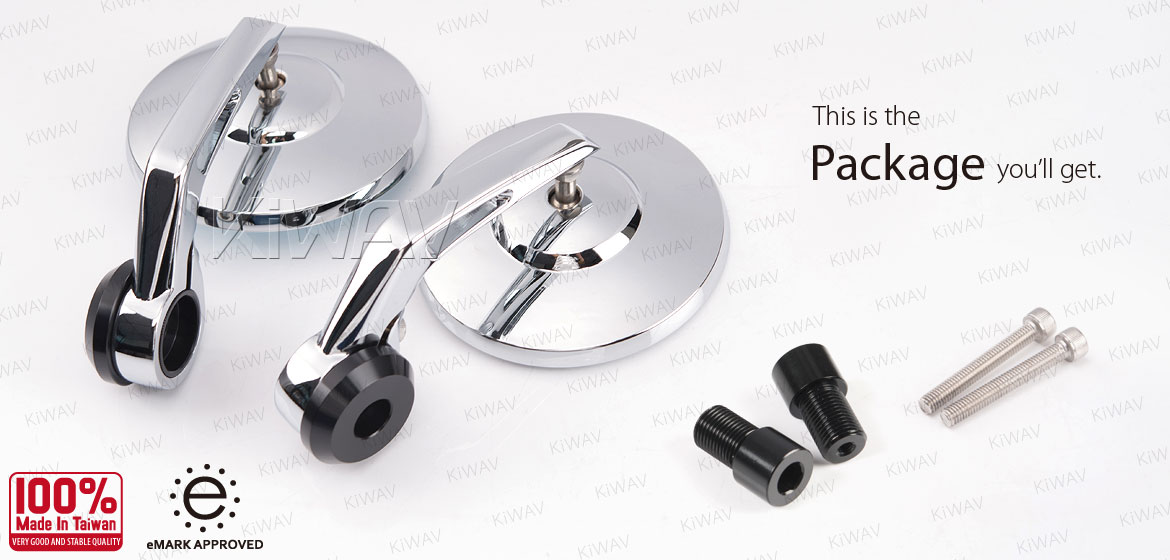 KiWAV motorcycle bar end mirrors Bob chrome universal fit w/ 6mm threaded or hollow bar