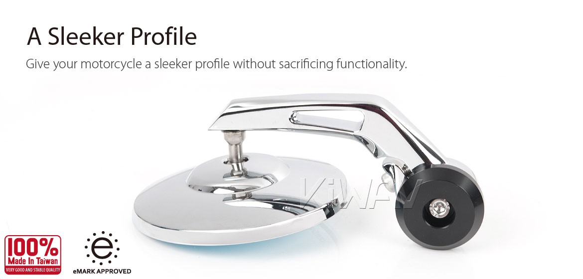 KiWAV round bar end mirrors Bob chrome for 1 inch and 7/8 inch hollow end handlebars