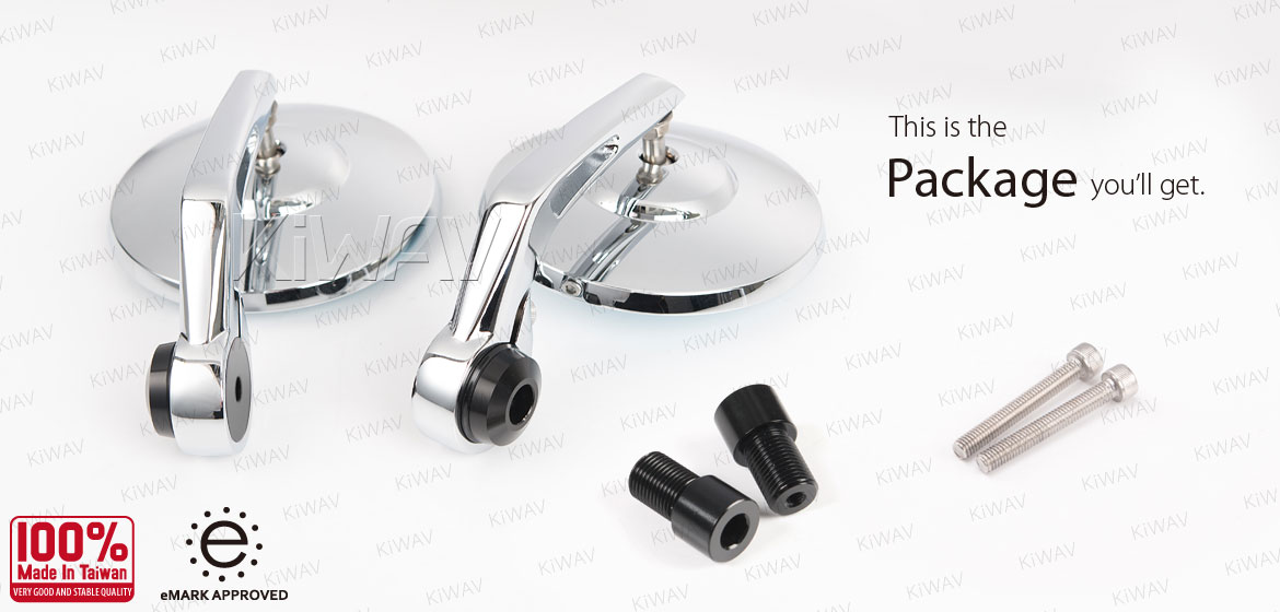 KiWAV motorcycle bar end mirrors Bob chrome universal fit w/ 6mm threaded or hollow bar