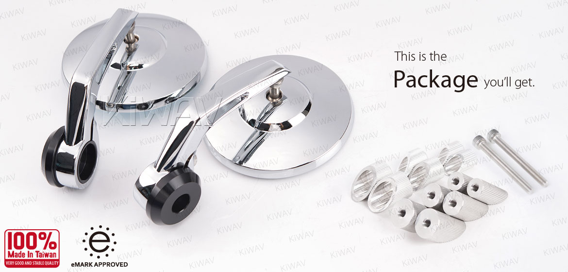 KiWAV round bar end mirrors Bob chrome for 1 inch and 7/8 inch hollow end handlebars