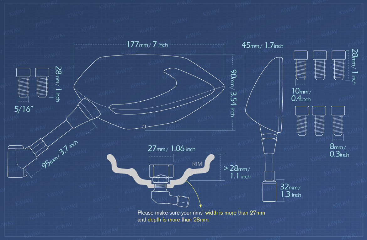 Measurement of KiWAV motorcycle mirrors BuckTPMS for Harley street 750/500