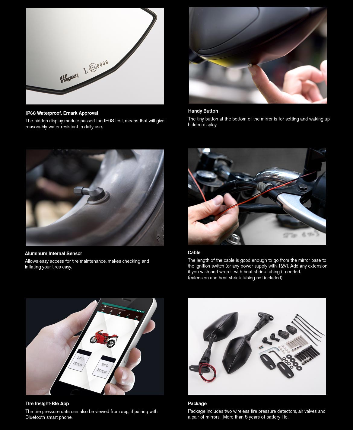 KiWAV motorcycle mirrors with TPMS Buck black sportsbike