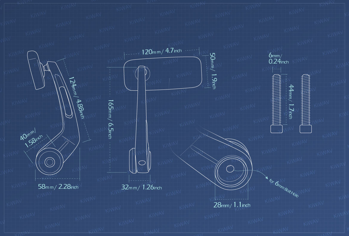 Measurement of KiWAV Classic motorcycle bar end mirrors for 6mm bolt-on