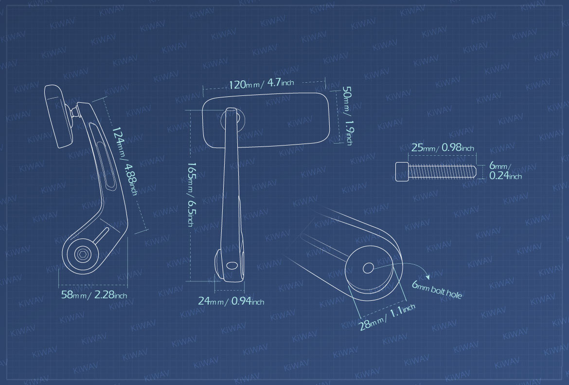 Measurement of KiWAV Classic motorcycle bar end mirrors for most Moto Guzzi