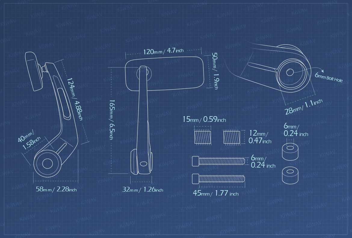 Measurement gragh of Classic bar end mirror compatible for BMW M12 threaded handlebar