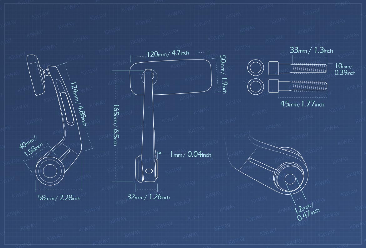 Measurement of KiWAV Classic motorcycle bar end mirrors compatible for BMW M10 threaded handlebar