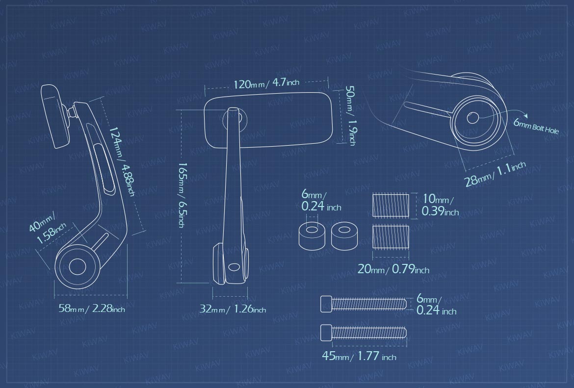 Measurement of KiWAV Classic motorcycle bar end mirrors compatible for BMW M10 threaded handlebar
