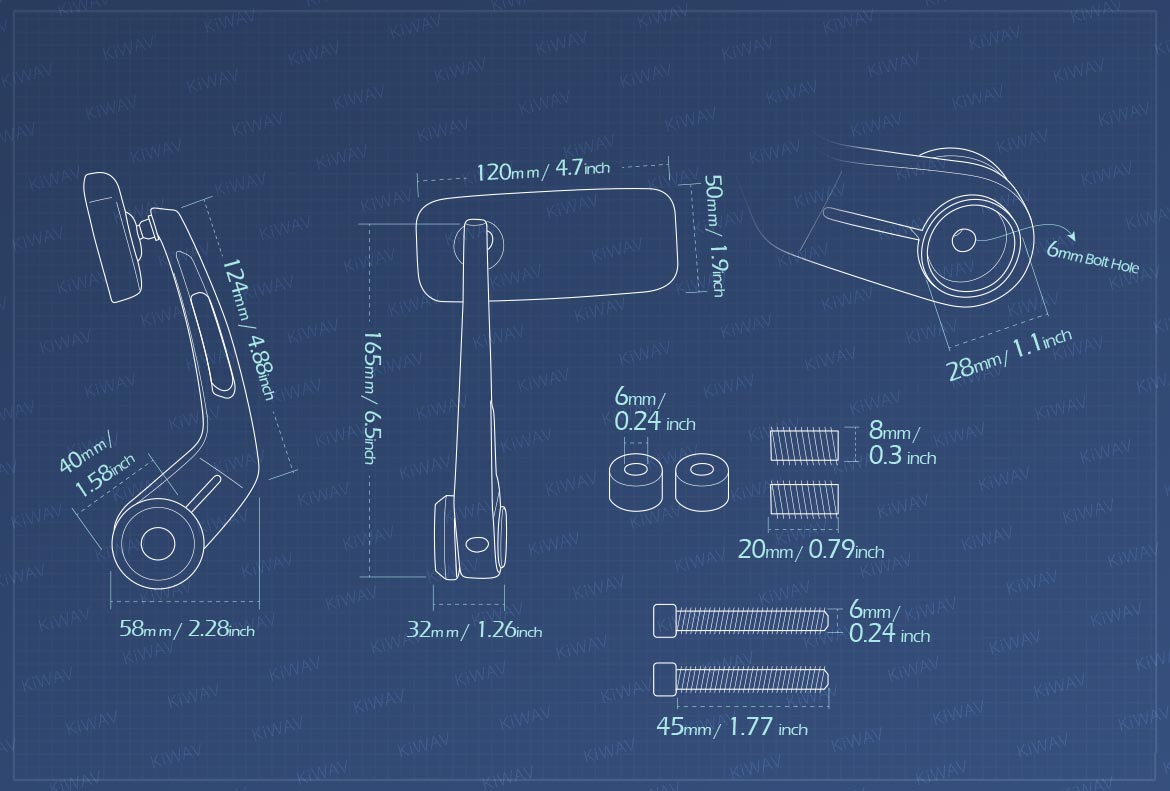Measurement of KiWAV Classic motorcycle bar end mirrors compatible for BMW M8 threaded handlebar