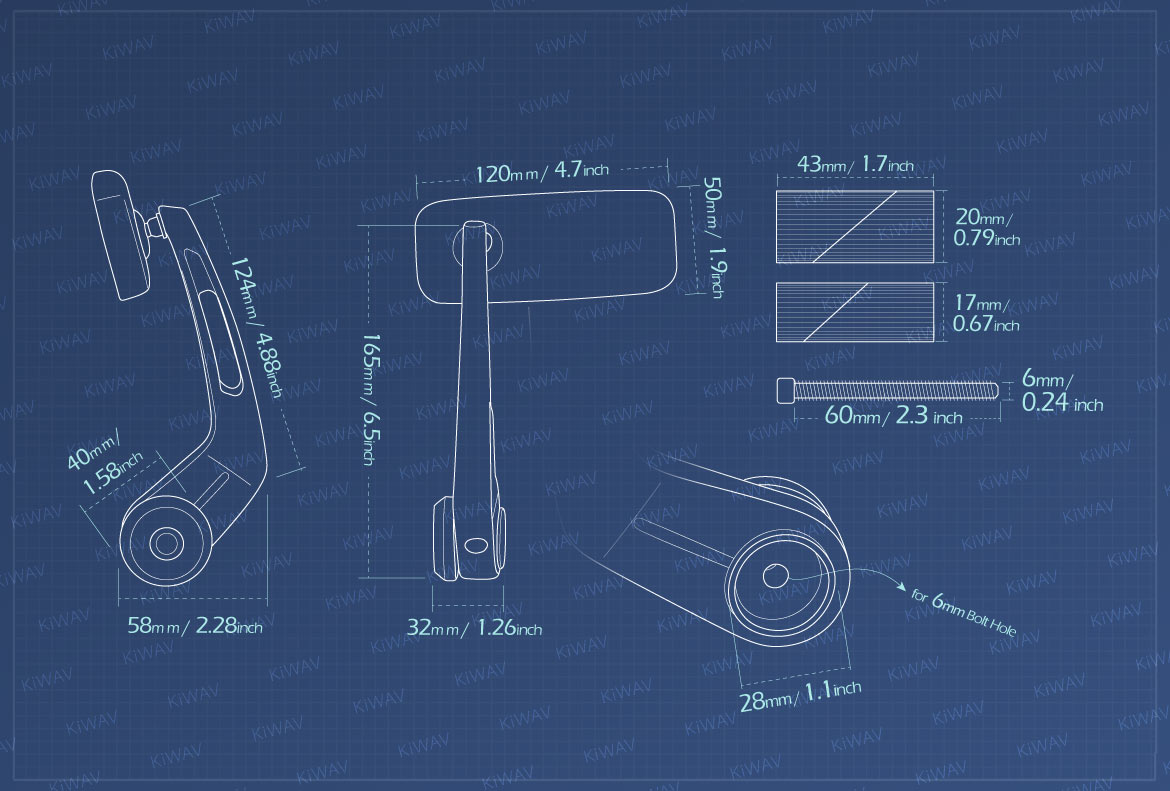 Measurement of KiWAV Classic motorcycle bar end mirrors for 1 inch hollow ended handlebars