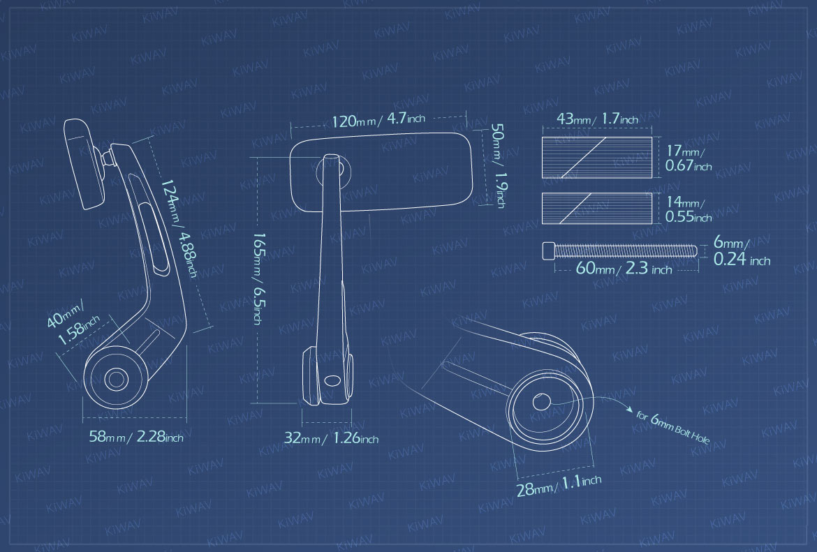 Measurement of KiWAV Classic motorcycle bar end mirrors for 7/8 inch hollow ended handlebars