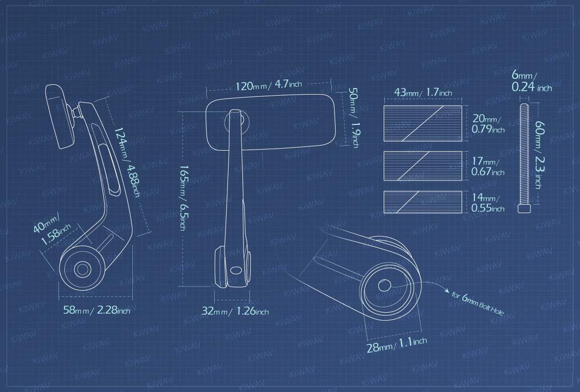 Measurement of KiWAV Classic motorcycle bar end mirrors for 1 inch and 7/8 inch hollow ended handlebars