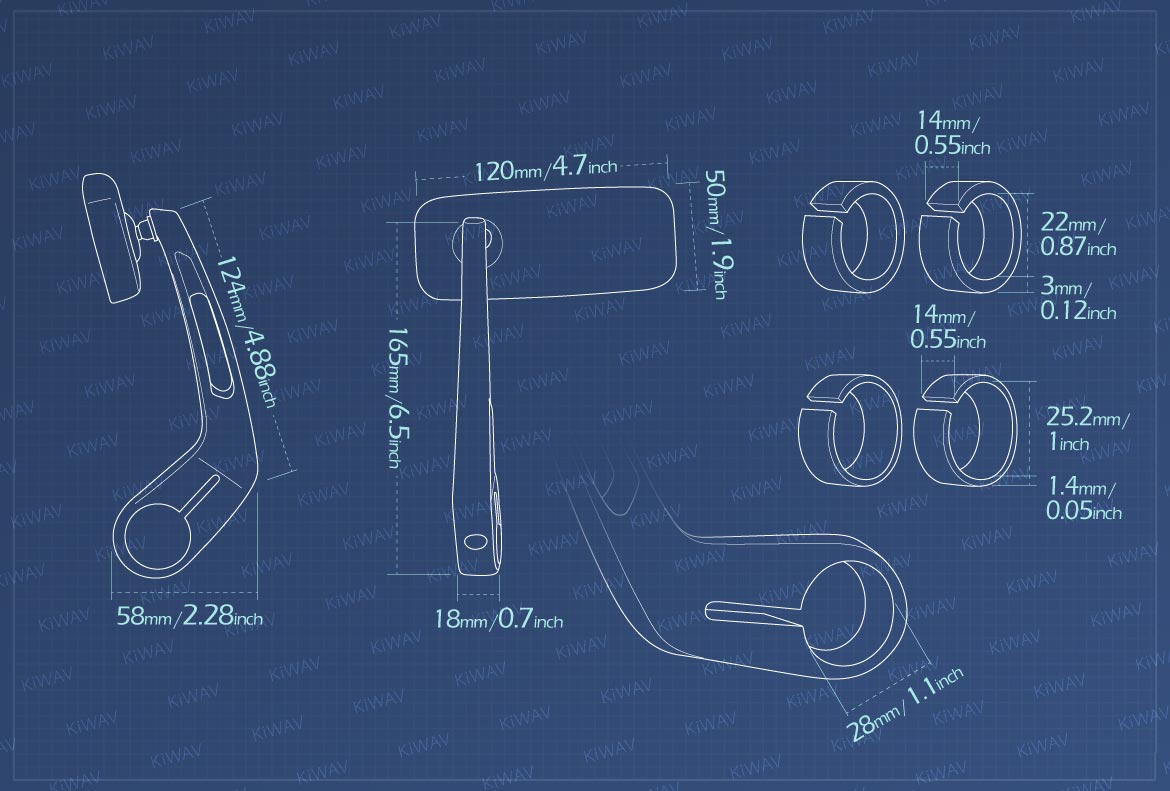 Measurement of KiWAV Classic motorcycle bar end mirrors for 22/25mm handlebar