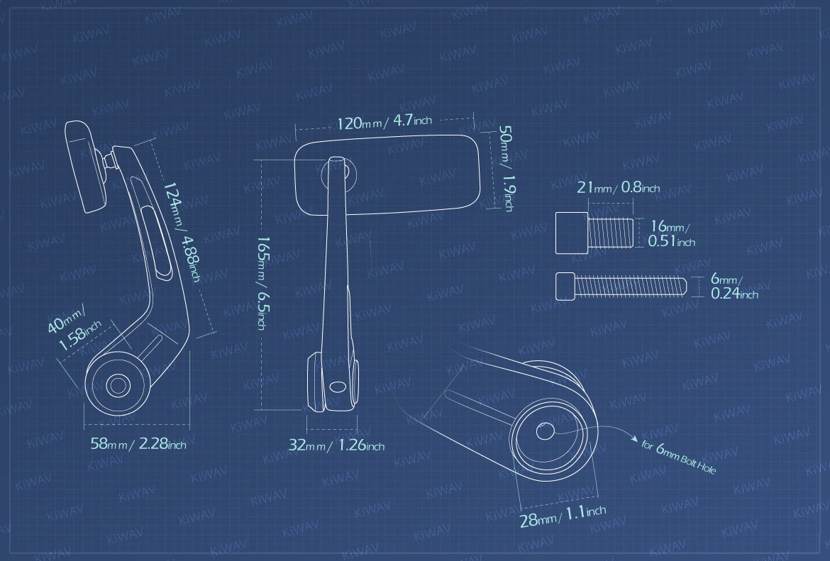 Measurement of KiWAV Classic motorcycle bar end mirrors for Yamaha 16mm
