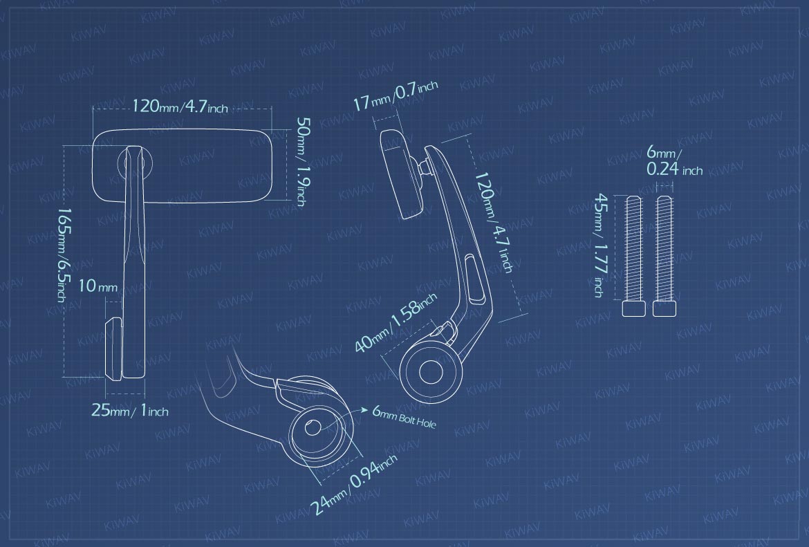 Measurement of KiWAV Classic motorcycle bar end mirrors for 6mm bolt-on