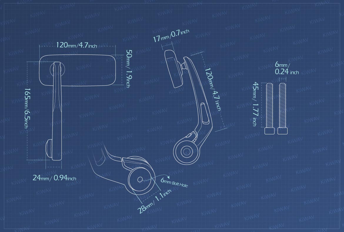 Measurement of KiWAV Classic motorcycle bar end mirrors for 6mm bolt-on