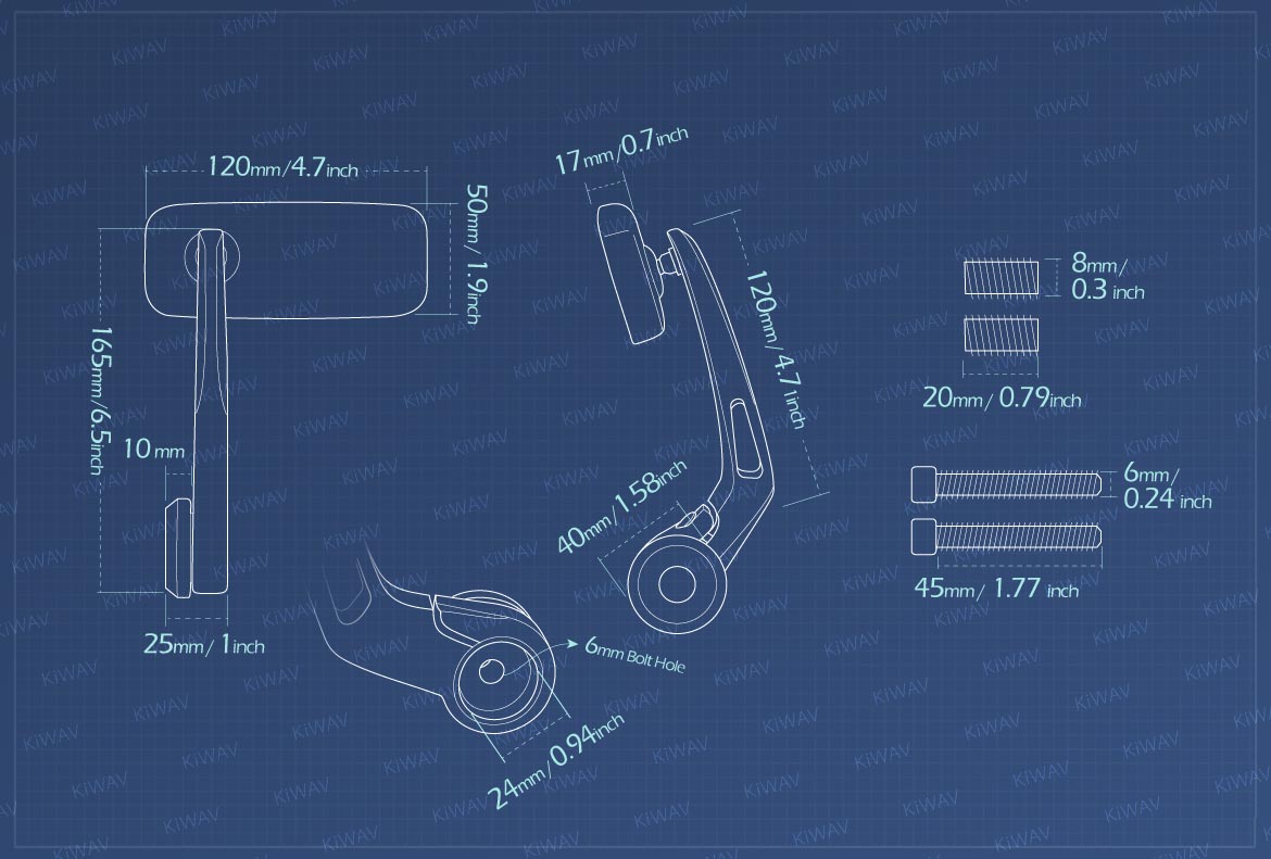 Measurement of KiWAV Classic motorcycle bar end mirrors for 8mm bolt-on