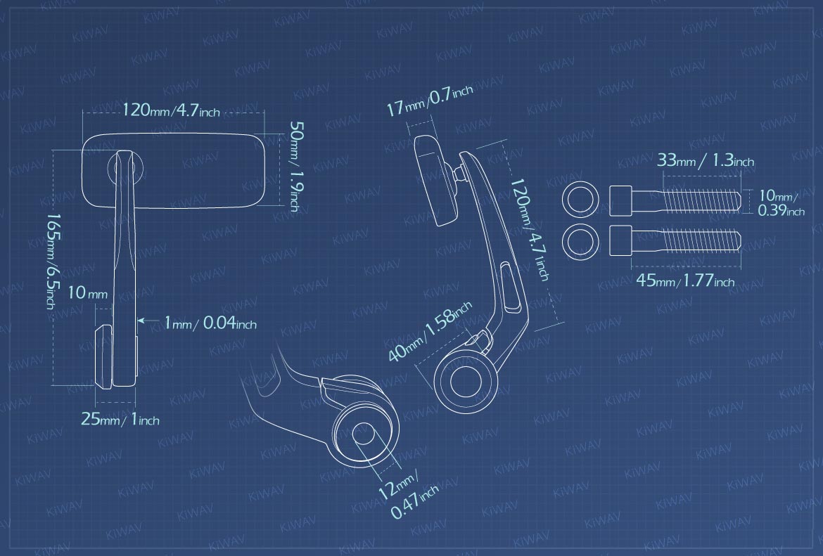 Measurement of KiWAV Classic motorcycle bar end mirrors compatible for BMW M10 threaded handlebar