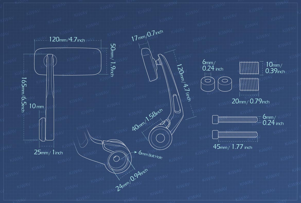 Measurement of KiWAV Classic motorcycle bar end mirrors compatible for BMW M10 threaded handlebar