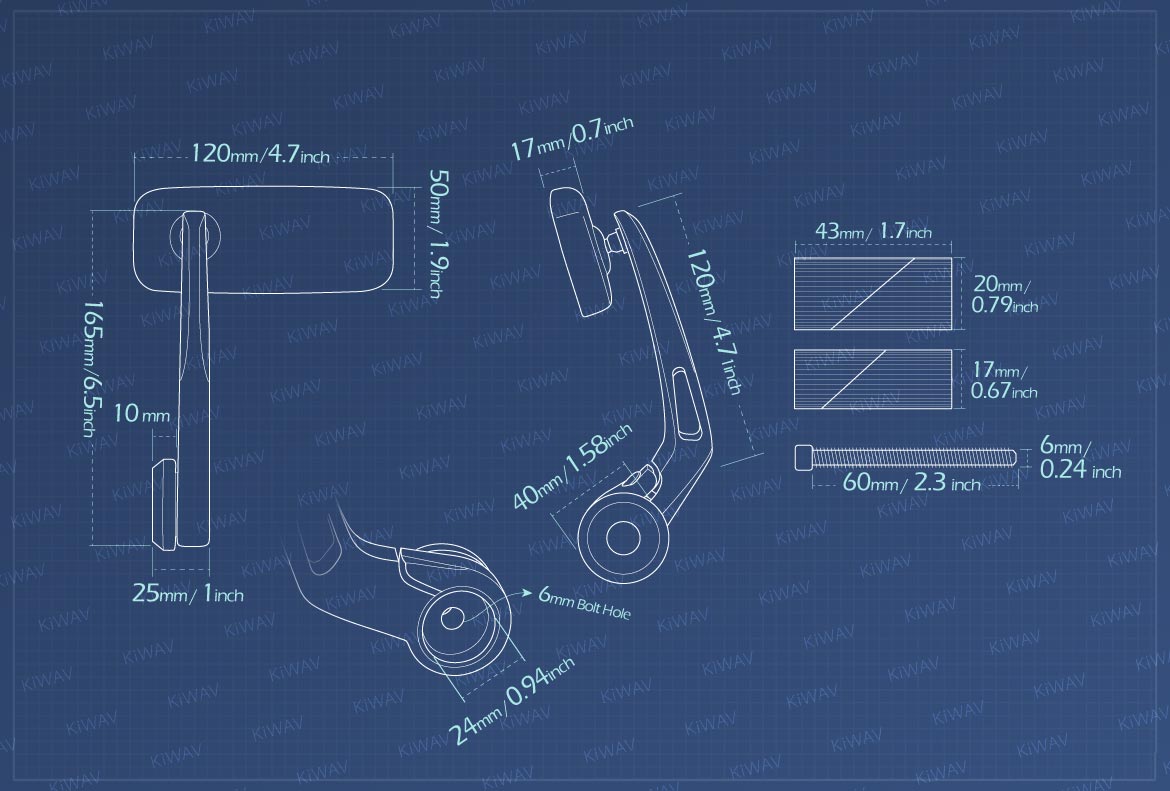 Measurement of KiWAV Classic motorcycle bar end mirrors for 1 inch hollow ended handlebars