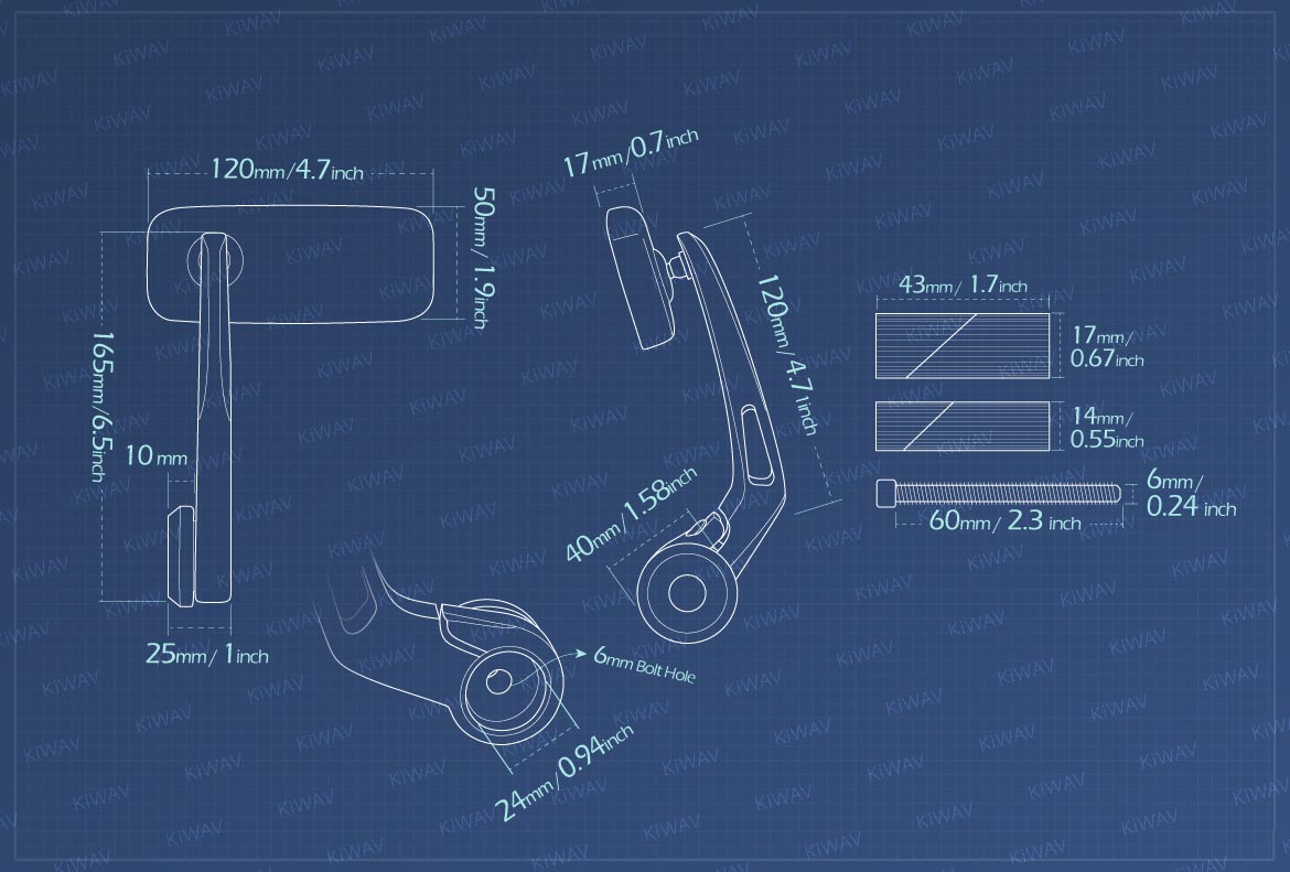 Measurement of KiWAV Classic motorcycle bar end mirrors for 7/8 inch hollow ended handlebars