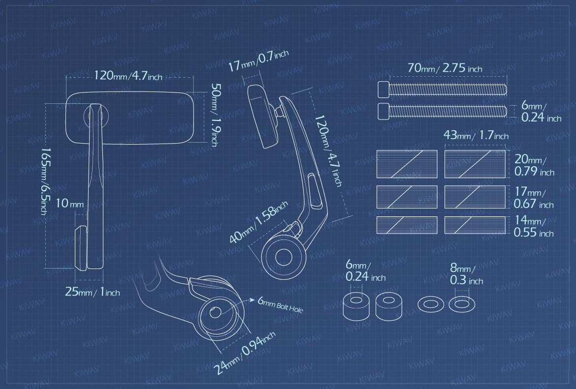 Measurement of KiWAV Classic motorcycle bar end mirrors compatible for Harley Sportster Dyna Softail XG street