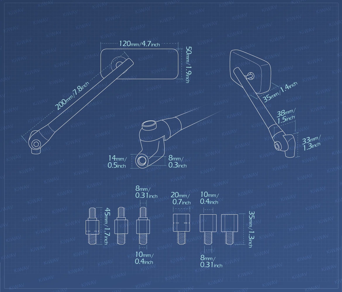 Measurement of KiWAV motorcycle mirrors Classic Plus compatible for most modern Vespa models, GTS/ GTV/ LX/ LT/ LXV/ S