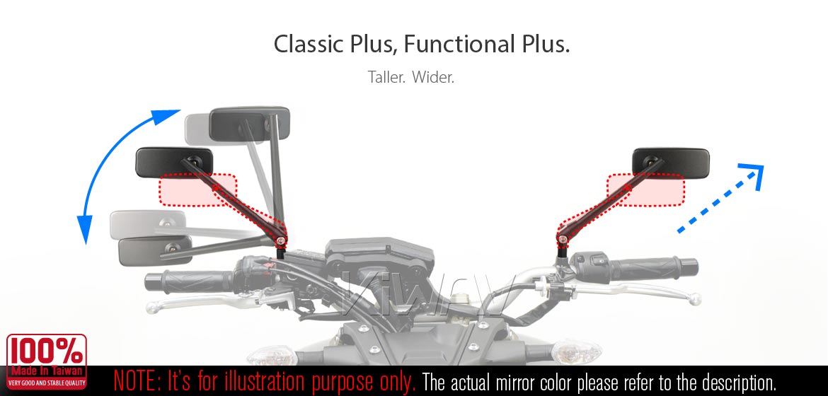 KiWAV motorcycle mirrors ClassicPlus chrome universal fit for Ebikes, bicycles