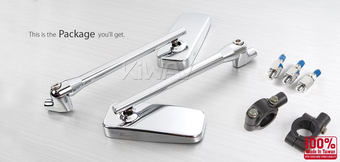 KiWAV motorcycle mirrors ClassicPlus chrome universal fit for Ebikes, bicycles