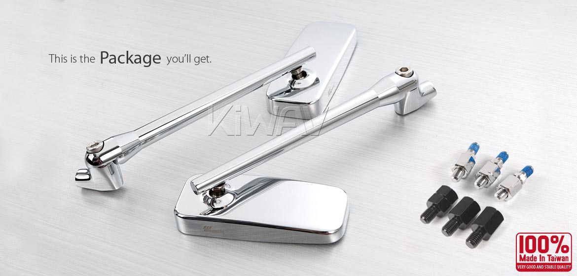 KiWAV motorcycle mirrors ClassicPlus chrome compatible for most modern Vespa models, GTS/ GTV/ LX/ LT/ LXV/ S