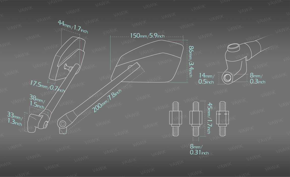 Measurement of VAWiK motorcycle mirrors CleaverII Metric 8mm for scooter bikes