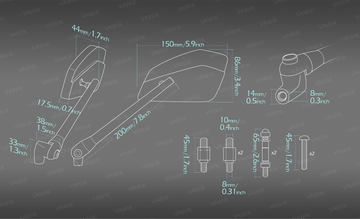 Measurement of VAWiK motorcycle mirrors CleaverII Metric 10mm Harley bikes
