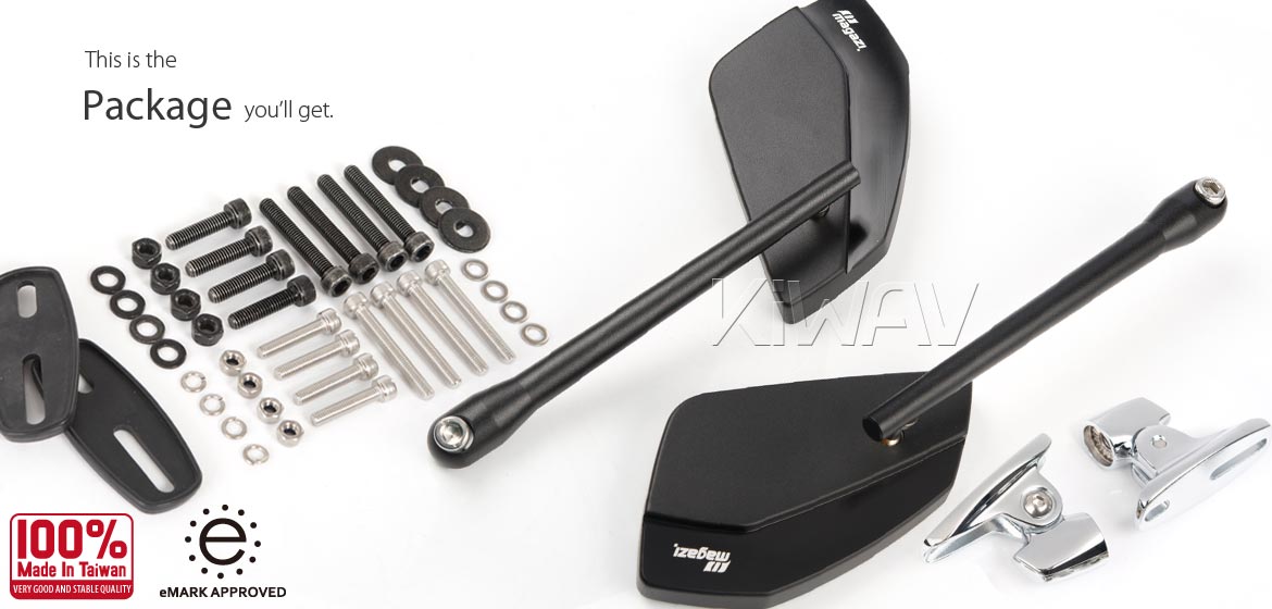 KiWAV motorcycle mirrors CleaverII black Ducati Panigale w/ new ver. chrome adapter, Magazi