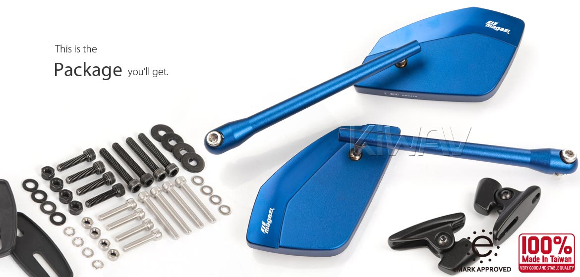 KiWAV motorcycle mirrors CleaverII blue Ducati Panigale w/ new ver. black adapter, Magazi