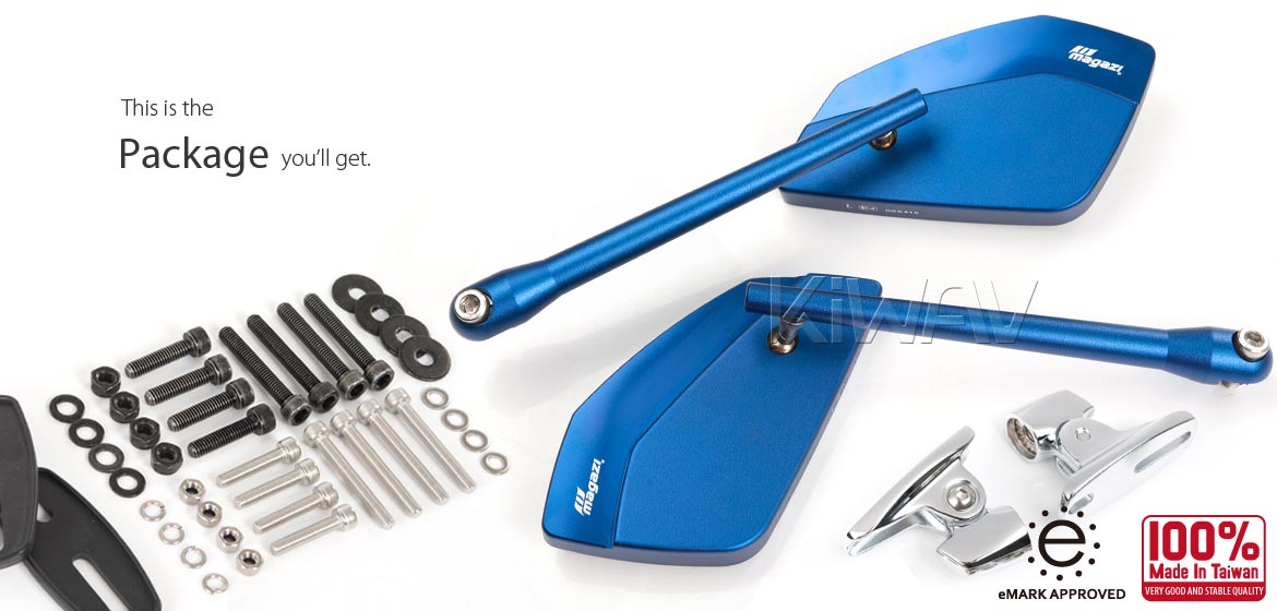 KiWAV motorcycle mirrors CleaverII blue Ducati Panigale w/ new ver. chrome adapter, Magazi