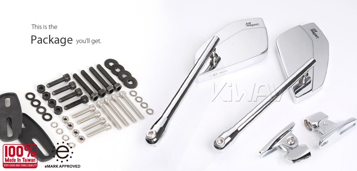 KiWAV motorcycle mirrors CleaverII chrome Ducati Panigale w/ new ver. chrome adapter, Magazi