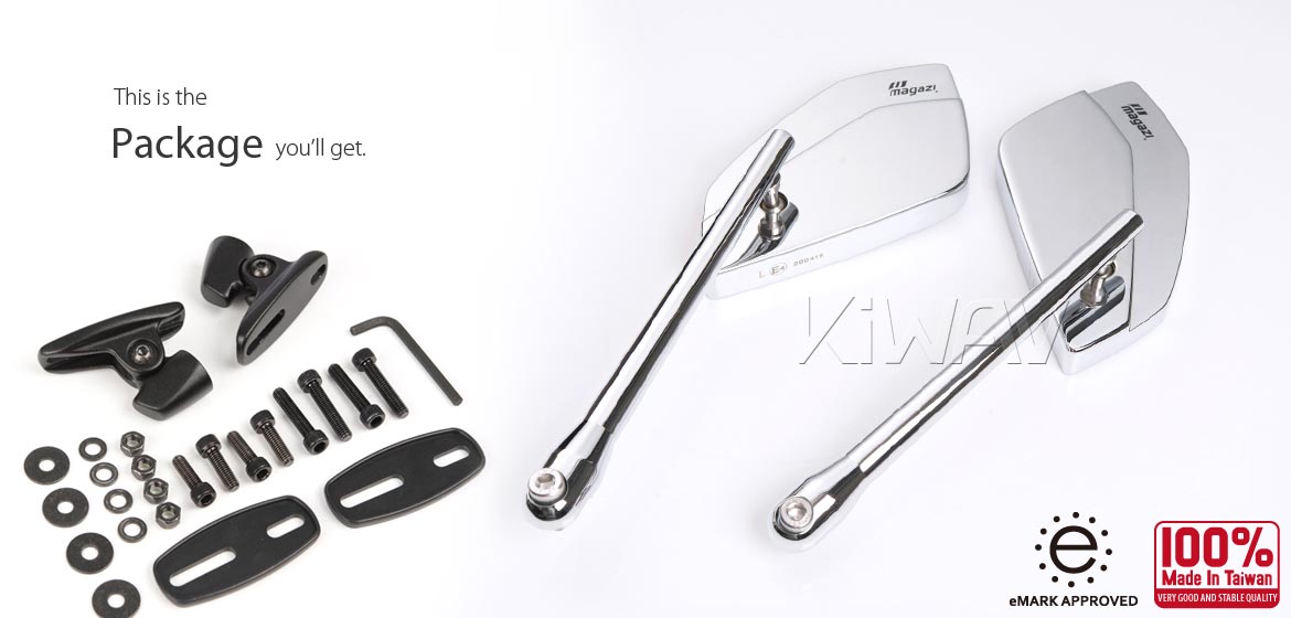 KiWAV motorcycle mirrors CleaverII chrome fairing mount w/ new ver. black adapter, Magazi