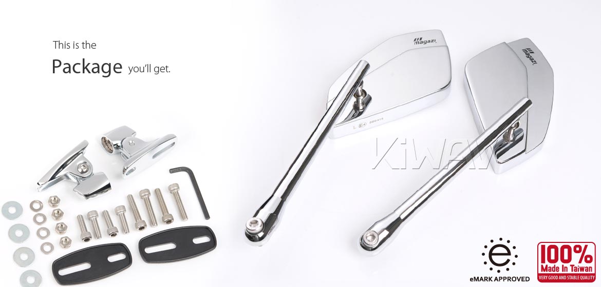 KiWAV motorcycle mirrors CleaverII chrome fairing mount w/ new ver. chrome adapter, Magazi