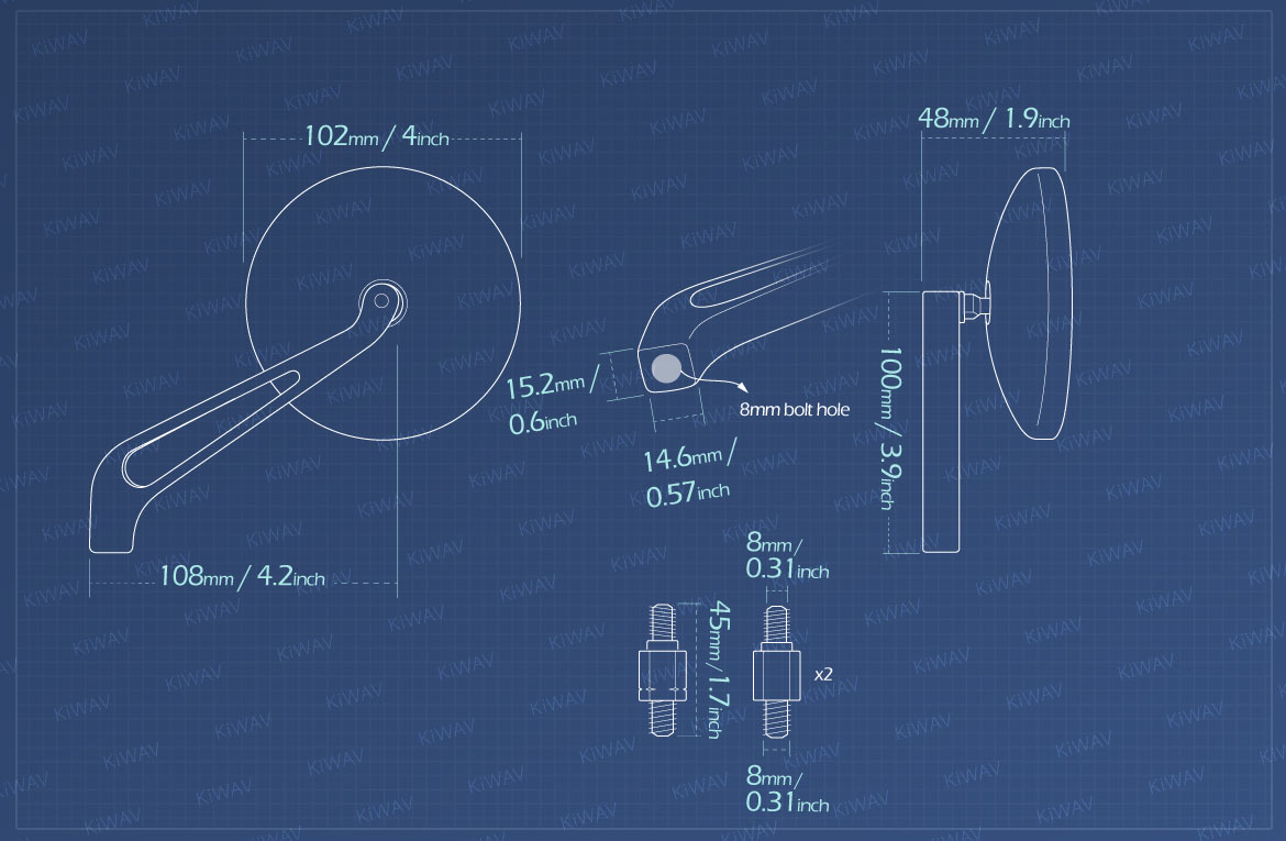 Measurement of KiWAV motorcycle mirrors Eclipse Classic 8mm for scooters