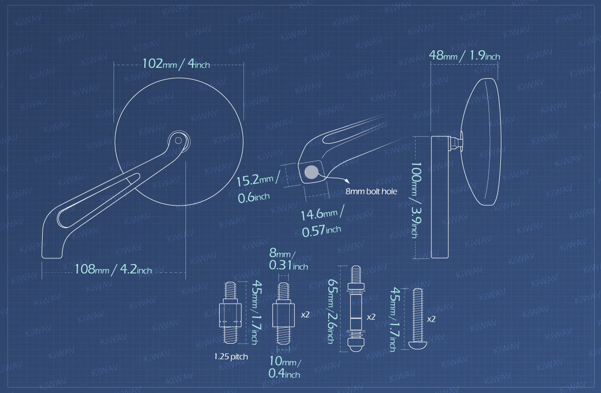 Measurement of KiWAV motorcycle mirrors Eclipse Classic for metric 10mm and most Harley bikes