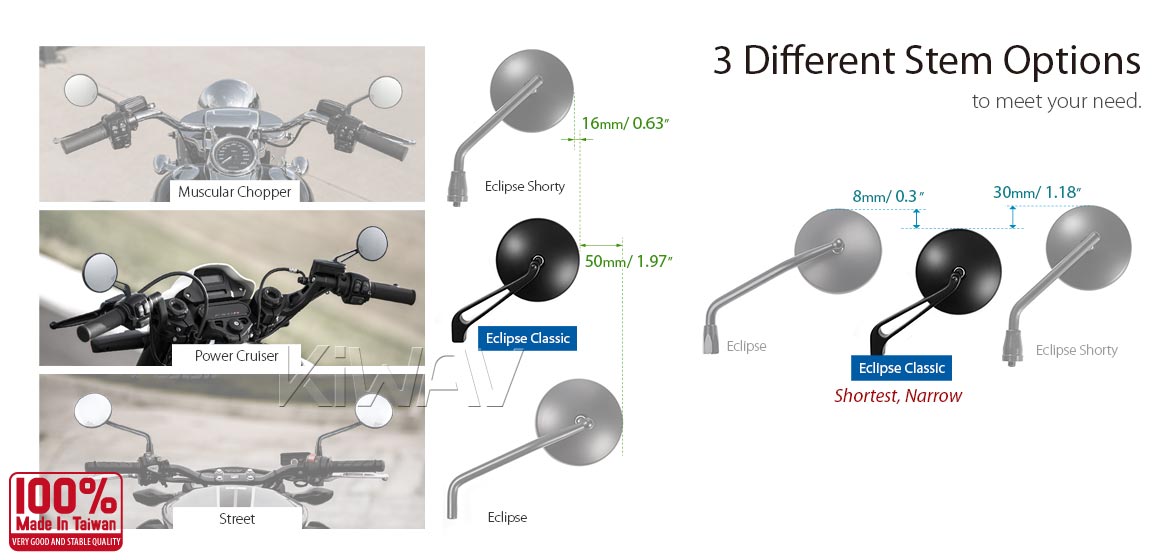 KiWAV motorcycle mirrors Eclipse black aluminum short stem 8mm for scooter Magazi