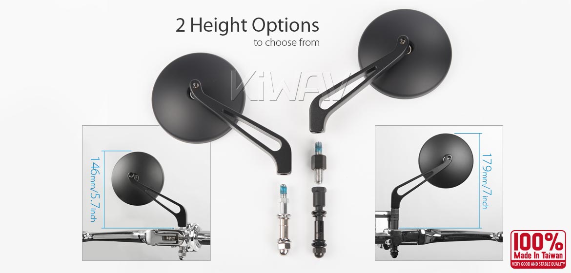 KiWAV motorcycle mirrors Eclipse black aluminum short stem for Harley-Davidson