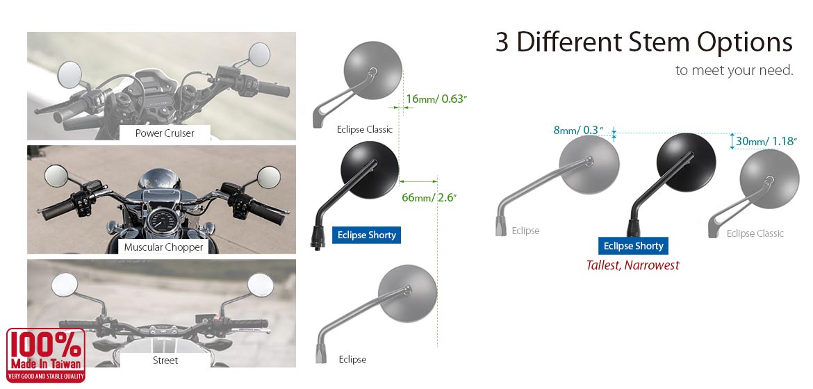 KiWAV motorcycle mirrors Eclipse black steel short stem for BMW 10mm 1.5 pitch bikes Magazi