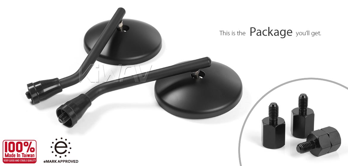 KiWAV motorcycle mirrors Eclipse black steel short stem for metric 8mm scooters Magazi