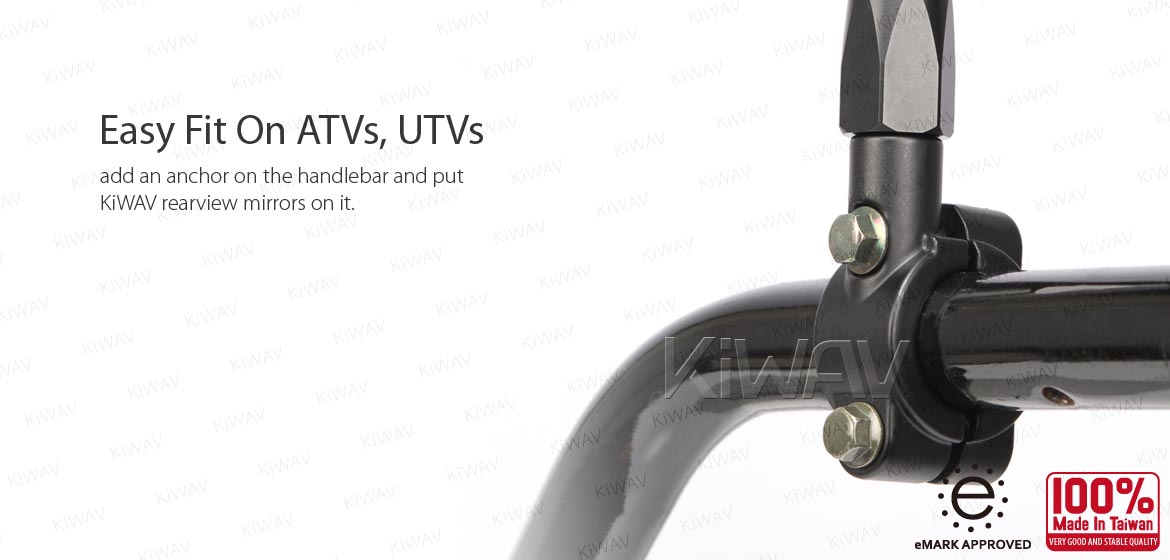 KiWAV ATV rear view mirrors Eclipse black for 7/8 inch handlebar mount with black aluminum clips