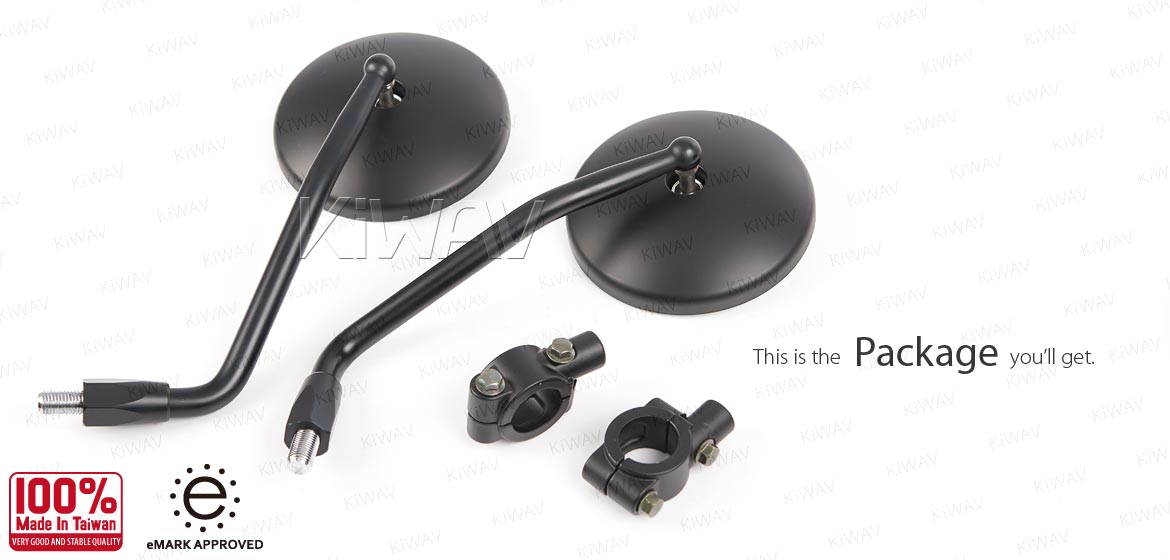 KiWAV ATV rear view mirrors Eclipse black for 7/8 inch handlebar mount with black aluminum clips