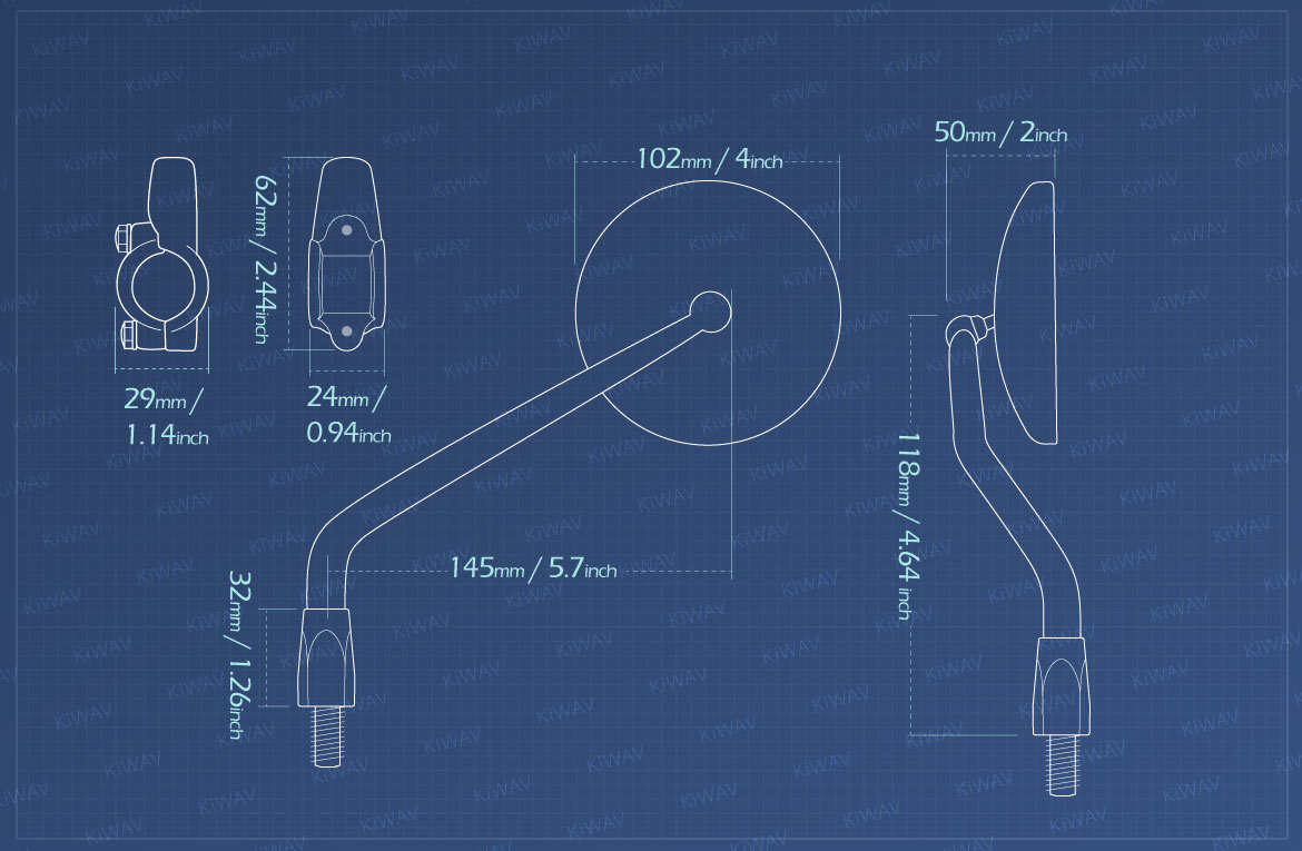 Measurement of KiWAV ATV rear view mirrors Eclipse for 7/8 inch handlebar mount with aluminum clips